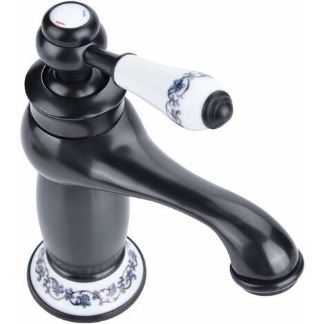 Cafopgrill Ceramic Faucet Antique Brass Blue and White Porcelain Bathroom Basin Faucet Long Neck Vintage Kitchen Mixer Tap Kitchen Sink Faucet Cold/Hot Water Faucet (Black)