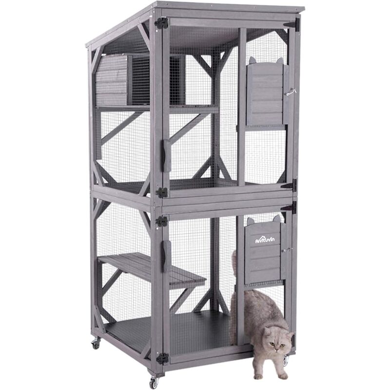 Jouet et jeux pour chat Cage à chat en bois pour l'extérieur et l'intérieur - Grand enclos à roulettes - Cage Catio avec bandes de bois renforcées