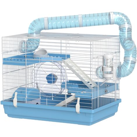 Cage à Hamster 3 Étages avec Maison, Roue, Gamelle, Bouteille et Tunnels, Bleu