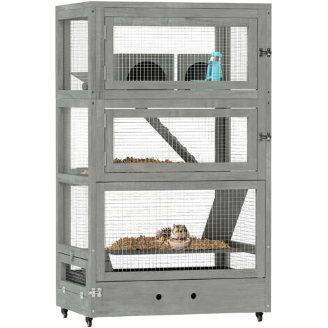 Cage à hamster 4 étages en bois avec cabanes, balançoire et roues 65 x 45 x 109 cm gris