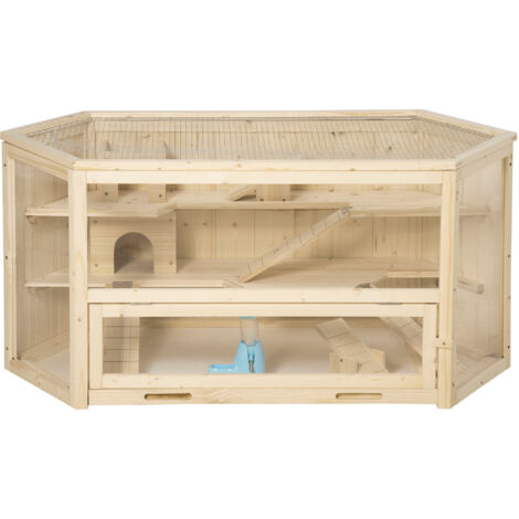 Cage à hamster à 3 niveaux bascules, fenêtres, cabanes, plateau coulissant, 115 x 60 x 55 cm, effet bois naturel