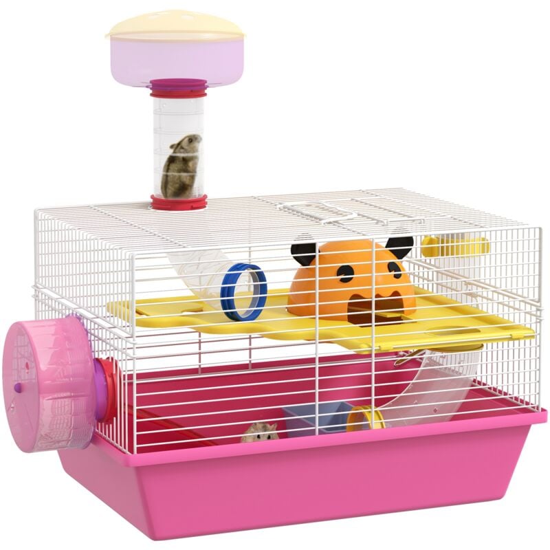 Pawhut - Cage à hamster rat rongeur - plateforme, biberon eau, roue, maisonnette, tubes - acier blanc pp rose