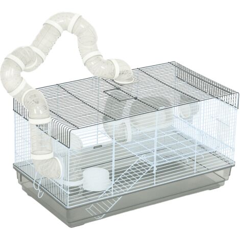 Cage à hamster pour rongeurs avec tunnel et accessoires inclus, fil d'acier gris, dimensions 58 x 32 x 31 cm.