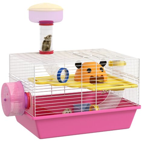Cage à hamster rat rongeur multicolore avec plateforme, biberon eau, roue, maisonnette, 34 x 27 x 25 cm, rose