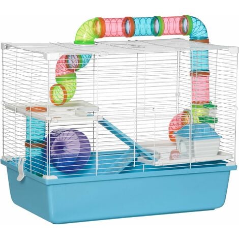 Cage à hamsters 3 niveaux - tunnel, abreuvoir, roue, maisonnette, échelles - dim. 59L x 36l x 47H cm - métal PP bleu blanc - Bleu