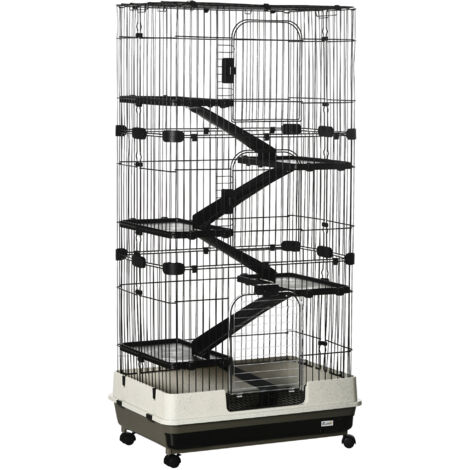 Cage à lapin à 5 niveaux avec 3 portes, 5 rampes, bac amovible, 8 roues, 81 x 52,5 x 159 cm, noir et gris