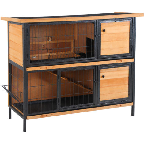 Cage à lapin avec toit en asphalte Portes pliantes avec loquet Plateaux amovibles 122x50x101 cm Naturelle et noire