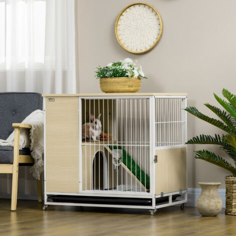 Cage à lapin clapier sur roulettes toit ouvrant plates-formes avec plateau amovible 78 x 52.5 x 76.5 cm naturel