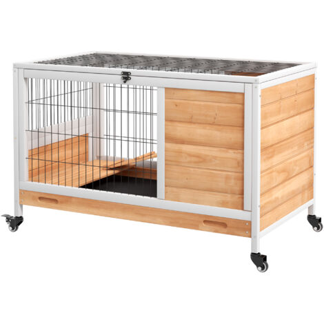 Cage à lapin en bois avec 4 roues, maisonnette pour lapin avec rampe, 90x53x59cm, jaune