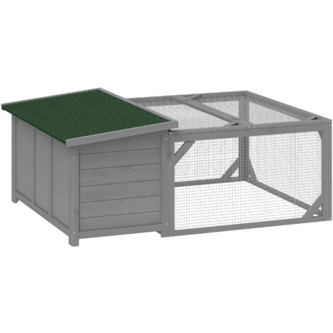 Cage à lapin en bois avec toit bitumé ouvrant, enclos extérieur, portes, gris 125,5x100x49 cm