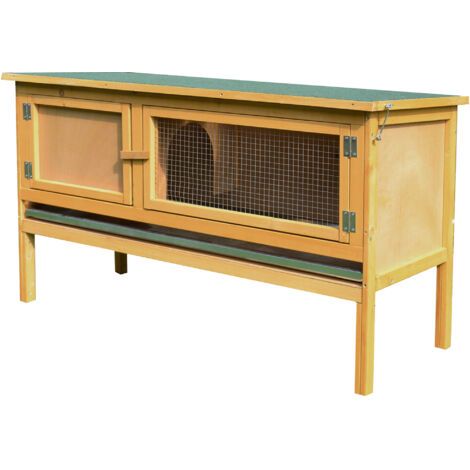 Cage à lapin en bois avec toit ouvrant, 2 portes, bac anti-fuite, 115x44,3x65 cm jaune clair