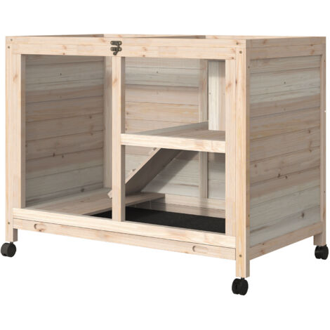 Cage à lapin en bois massif 2 étages avec toit ouvrant, enclos pour animaux sur roulettes, plates-formes incluses, 91,5 x 53,3 x 73 cm, bois naturel