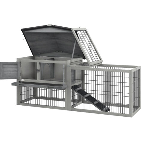 Cage à lapin extérieur avec enclos, niche surélevée et rampe, gris 150x52x68 cm