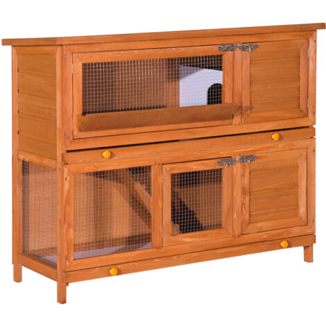 Cage à lapin poulailler clapier en bois de pin de grande taille avec 2 étages râtelier à foin toit ouvrant dim.120L x 48l x100H cm