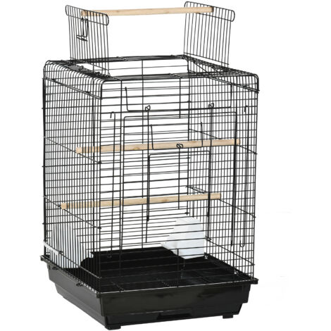 Cage à oiseaux 2 mangeoires 2 perchoirs toit ouvrant plateau excrément amovible poignée transport métal PS noir