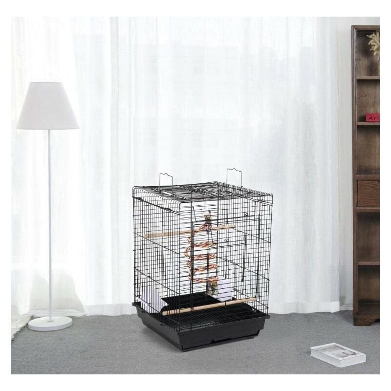 Cage à Oiseaux Portable, Cage Oiseaux Interieur avec Poignée et Toits Ouvrant, 40 x 40 x 58cm, Équipée 3 Perchoir en Bois, 2 Mangeoires, Oiseaux