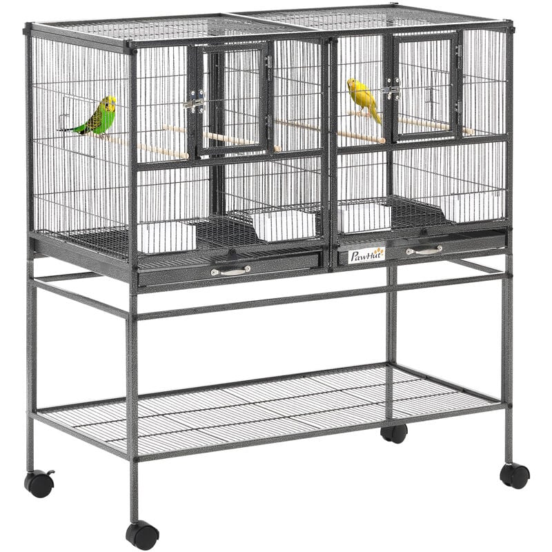 Cage à oiseaux avec séparation mangeoire et perchoir 95L x 45l x 102H cm Noir et Gris