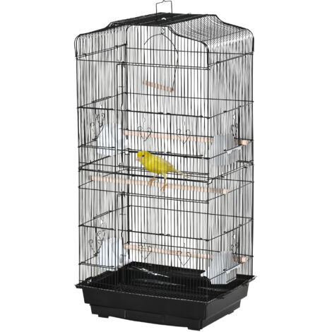 Cage à Oiseaux Métal et Plastique avec Perchoirs, Balançoire et Gamelles, 46.5x35.5x92 cm, Noir