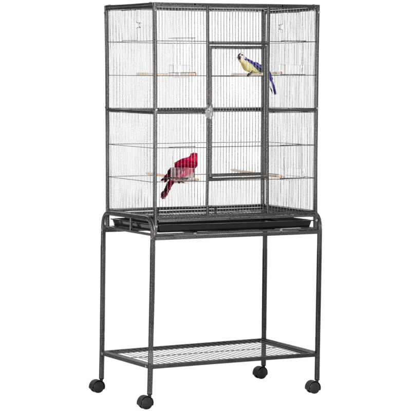 Cage à Oiseaux Portable avec 4 Mangeoires et 4 Perchoirs Pratique 81 x 48 x 163 cm Noir et Gris - Pawhut