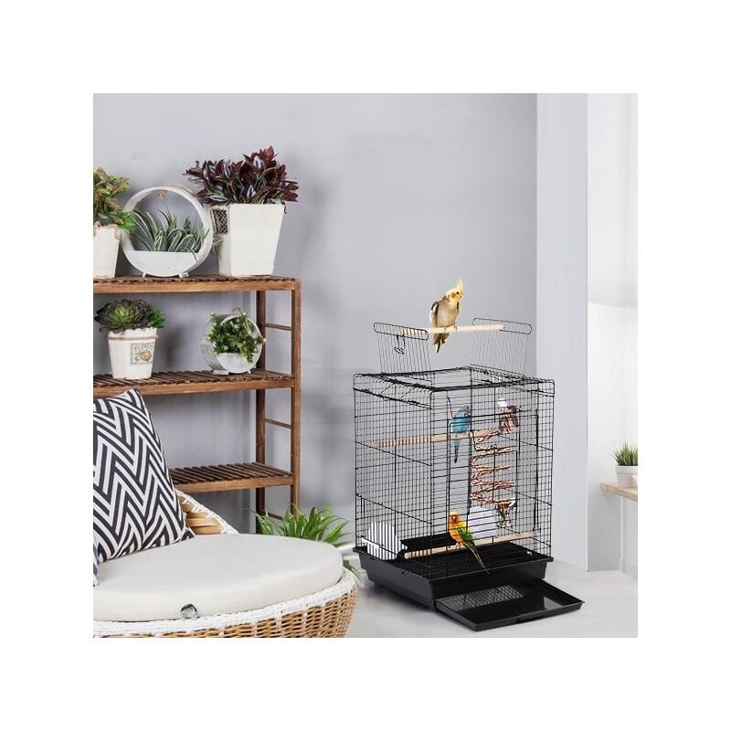 Cage à Oiseaux Intérieur avec Poignée 40 x 40 x 58 cm Toit Ouvrant pour Perruche Ondulée Canari Calopsitte