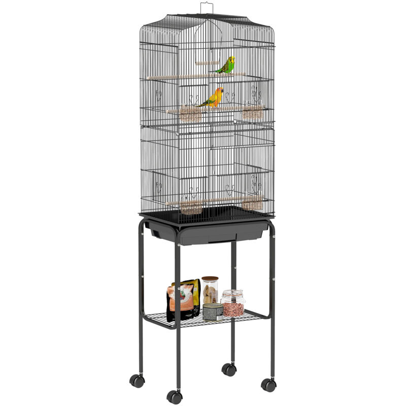 PawHut Cage à oiseaux sur pied volière oiseaux sur roulettes avec toit ouvrant 3 perchoirs étagère inférieure 46,5 x 36 x 157 cm