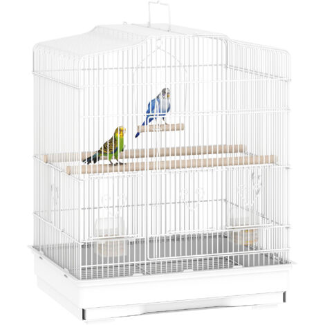 Cage à oiseaux vintage pour petites races avec accessoires 46,5 x 36 x 59 cm acier, bois, blanc + naturel