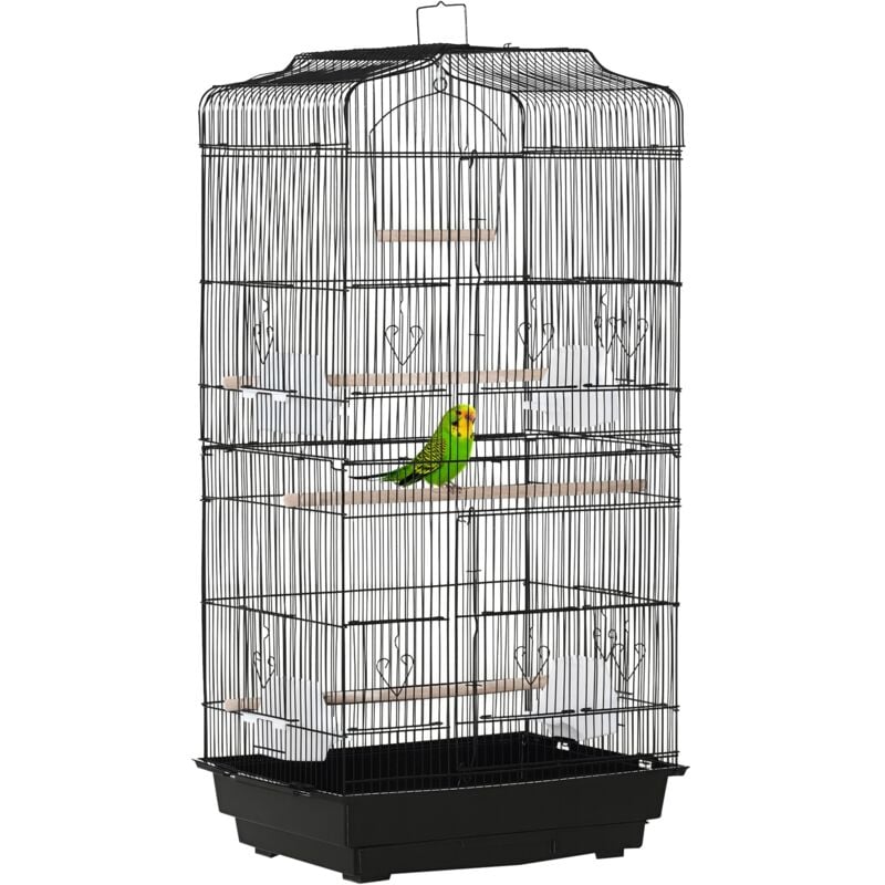 Cage à oiseaux volière avec mangeoires perchoirs plateau amovible dim. 46,5L x 35,5l x 92H cm métal ps noir