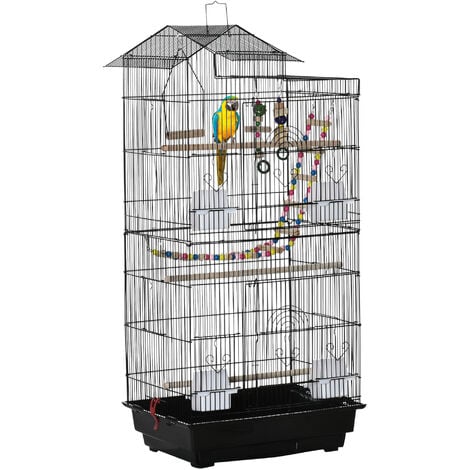 Cage à oiseaux volière dim. 46L x 36l x 100H cm - 4 mangeoires, 3 perchoirs, balançoire, 2 portes, 9 trappes, échelle, 2 jouets suspendus, plateau déjection - PP acier noir - Noir