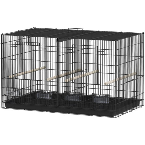 Cage à oiseaux volière intérieur acier avec séparateur 4 perchoirs plateau coulissant 4 mangeoires 76 x 46 x 46 cm noir