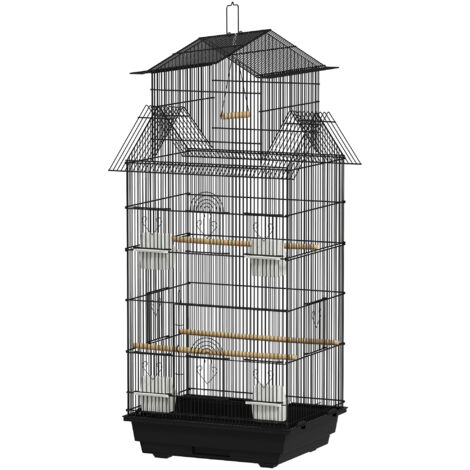Cage à oiseaux volière noire avec balançoire, poignée, 4 mangeoires, 3 perchoirs, 50,5 x 41 x 104 cm