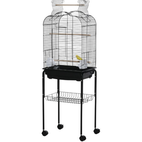Cage à oiseaux volière sur roulettes avec toit ouvrant, 3 perchoirs, étagère inférieure, 46 x 36 x 130 cm, noir