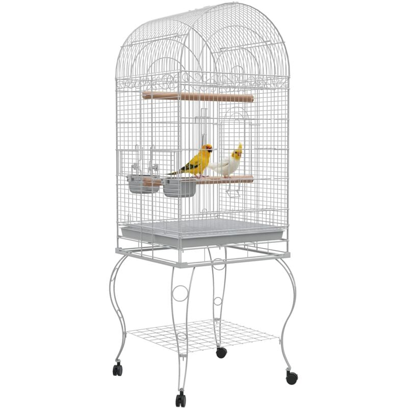 Cage à oiseaux volière sur roulettes - étagère, grille, plateau amovible, 2 bols acier inox, perchoir - acier blanc