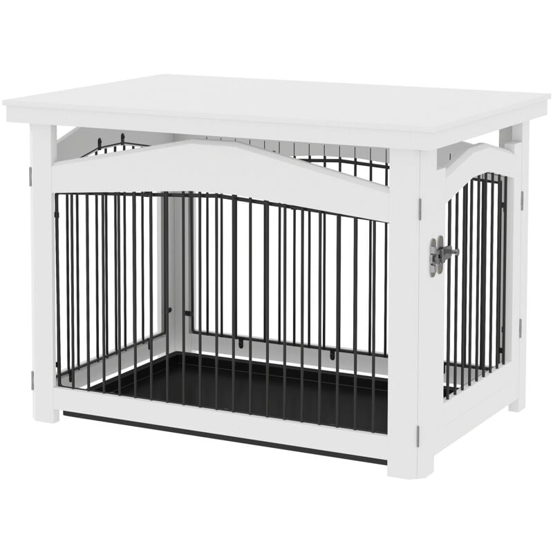 Pawhut - Cage barrière chien table basse d'appoint 3 en 1 plateau déjection amovible porte verrouillable acier mdf noir blanc