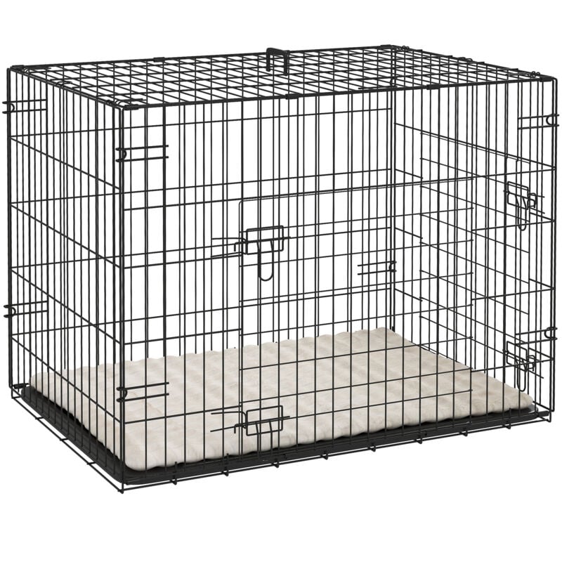 Pawhut - Cage chien pliable - 2 portes verrouillables, plateau amovible, coussin - 76 x 53 x 60 cm - beige noir