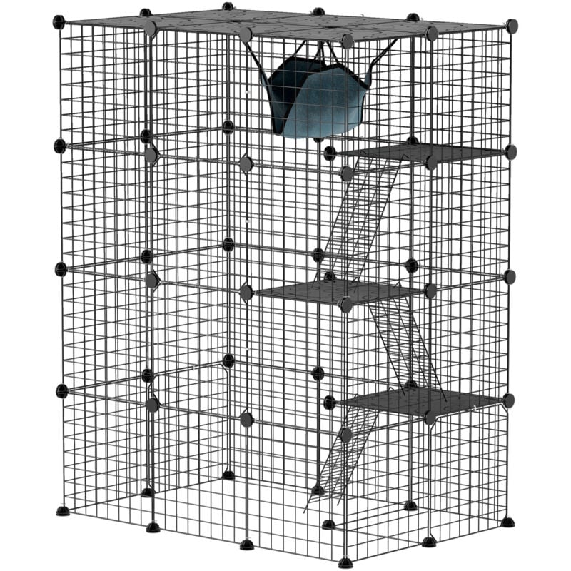 Cage chat intérieur - parc chat DIY - 4 niv. 5 portes hamac plateformes rampes - acier noir
