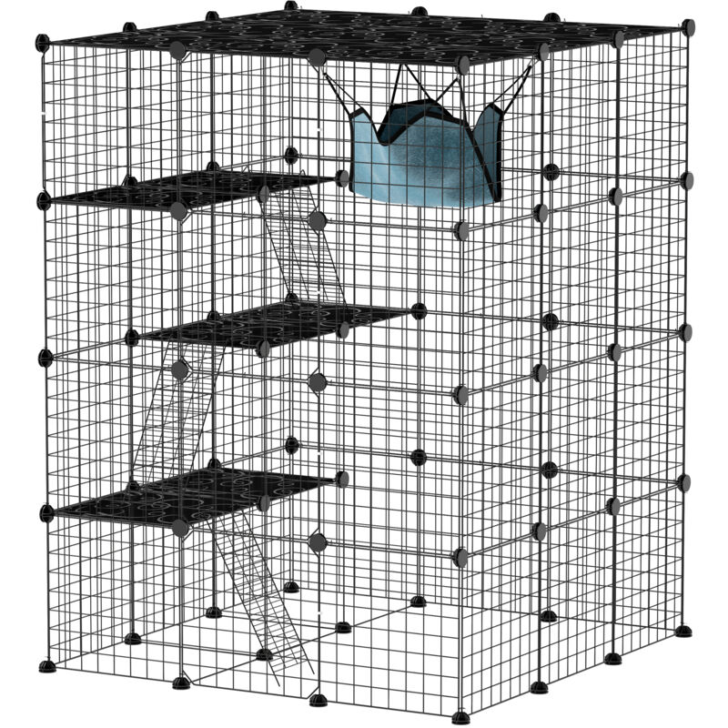 Pawhut - Cage chat intérieur - parc chat diy - 4 niv. 5 portes hamac plateformes rampes - acier noir