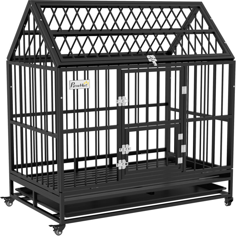 Pawhut - Cage chien grande taille sur roulettes - 2 portes verrouillables, plateau amovible - acier noir