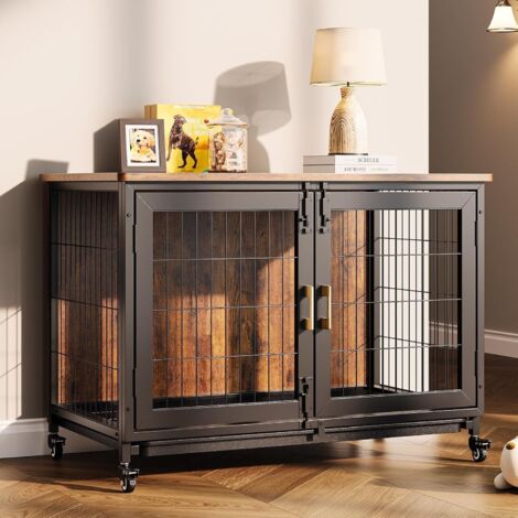 Cage Chien Interieur Grande Taille Caisse pour Grand Chien Maison Meuble Cages Chiens en Bois avec 2 Porte - XL Noir 95x56x65cm
