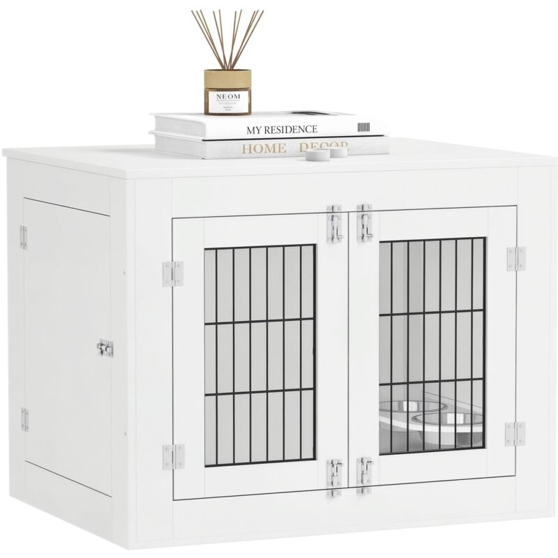 Pawhut - Cage chien intérieure - 2 portes - 2 bols rotatifs 360° - 80 x 60 x 63 cm - blanc