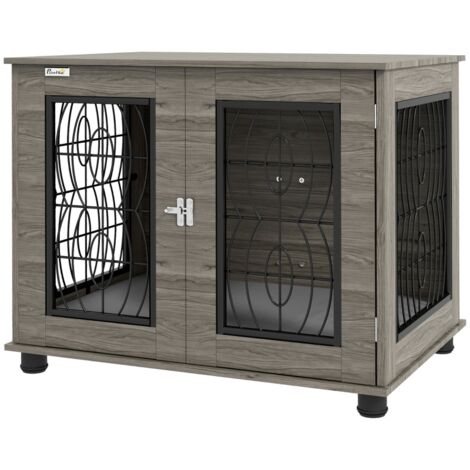 Cage chien métal avec coussin, 80x56x63 cm, 20 kg, gris bois