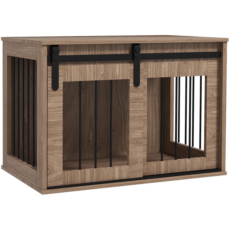 Pawhut - Cage pour chien animaux style indisutriel - porte coulissante verrouillable - acier noir panneaux aspect bois