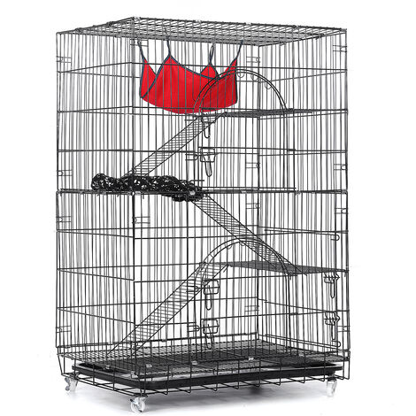 Cage de jeu pour chat avec roulettes Cage parc enclos maison métallique 4 niveaux L.90cm l.60cm H.130cm avec 2 portes, hamac, lit, échelles de rampe Tooca Enclos animaux de compagnie rongeur