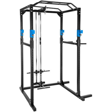 Cage de musculation en acier noir/bleu avec barre traction double