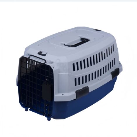 Cage de transport bicolore pour animaux de compagnie avec plateau hygiénique et ventilé.