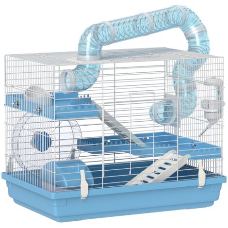 Cage de transport pour hamster avec maison, roue d'exercice, écuelle, biberon, 47,5x31,5x29,5 cm, bleu ciel