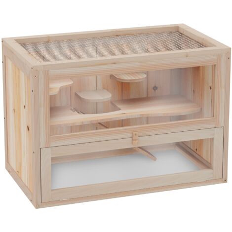 Cage en bois 2 étages pour hamsters nains, toit maille articulé, gourde et rampe, 60x35x42 cm, bois naturel pour rongeurs