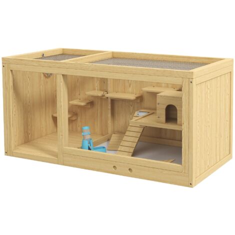 Cage en bois pour hamster, clapier pour petits animaux, maisonnette pour gerbilles, avec balançoires, échelles, toit ouvrant, 100 cm, naturel
