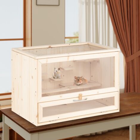 Cage en Bois pour Hamster Enclos de Jeu avec Toit Rabattable en Treillis Zones Multi-Échelles Design avec Rampe Panneau en Acrylique Nature