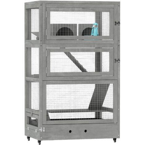 Cage en bois pour hamster nain, 65 x 45 x 109 cm, cage pour rongeurs avec abris, bascule, palette, gamelles, cage à 4 niveaux pour petits animaux avec verrou, rampes, roues, grise