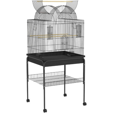 Cage grande taille pour perroquets, plateau et station – Acier noir, dimensions 63 x 53 x 144 cm